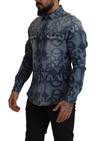 Shop Dolce & Gabbana Blue Denim Stretch Dg Logo Casual Mens Slim Men's Shirt