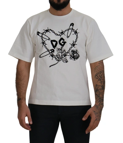 Shop Dolce & Gabbana White Amor Cotton Crewneck  Men's T-shirt