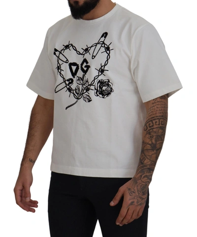 Shop Dolce & Gabbana White Amor Cotton Crewneck  Men's T-shirt
