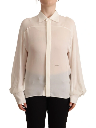 Shop Dsquared² Off White Silk Long Sleeves Collared Blouse Women's Top