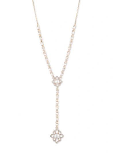 Marchesa Gold-tone Pave & Imitation Pearl Flower Lariat Necklace, 16" + 3" Extender In Gold