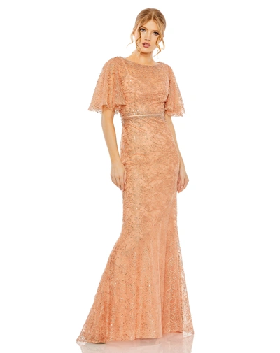 Shop Mac Duggal Embellished Neck Butterfly Sleeve Trumpet Gown In Cinnamon