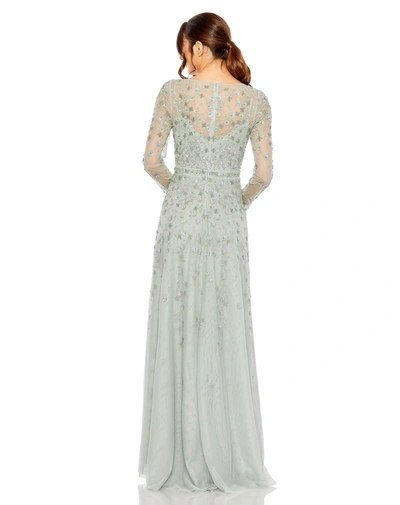 Shop Mac Duggal Embellished Wrap Over Illusion Long Sleeve A Line Gown In Sage
