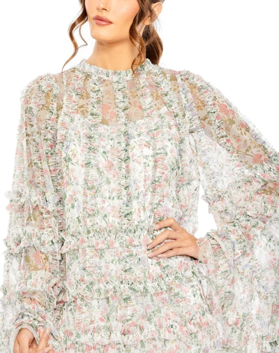 Shop Mac Duggal Floral Print Long Flare Sleeve Mesh A-line Dress In Floral Multi