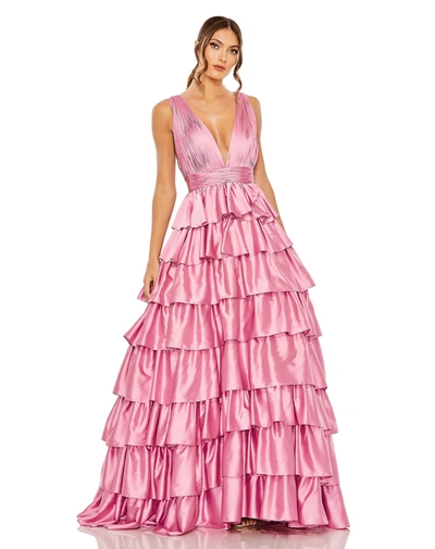 Shop Mac Duggal Ruffle Tiered Pleated Sleeveless V Neck Gown In Orchid