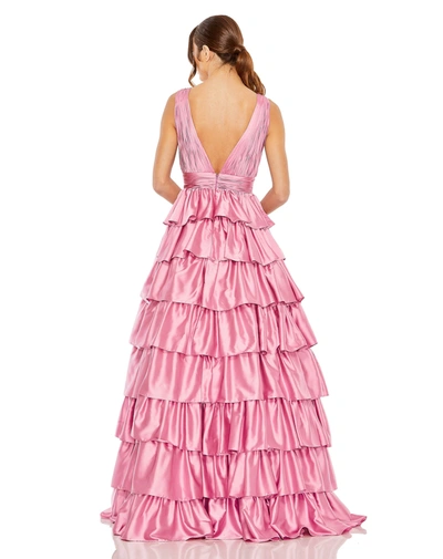 Shop Mac Duggal Ruffle Tiered Pleated Sleeveless V Neck Gown In Orchid