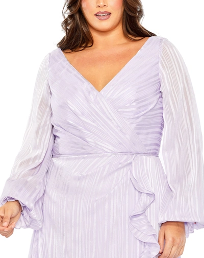 Mac Duggal Striped Faux Wrap Bishop Sleeve Gown In Lilac