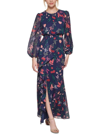Shop Eliza J Womens Floral Print Maxi Evening Dress In Blue