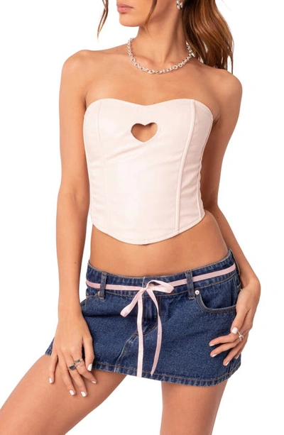 Shop Edikted Heartthrob Faux Leather Corset Crop Top In Light-pink
