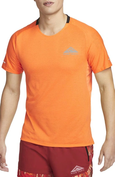Shop Nike Dri-fit Trail Solar Chase Performance T-shirt In Bright Mandarin/ Olive Flak