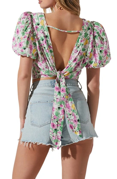 Astr Tie Back Puff Sleeve Crop Top In Pink Green Floral