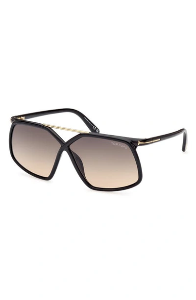 Tom Ford Meryl 64mm Gradient Polarized Oversize Square Sunglasses In Shiny Black Gold / Smoke Sand