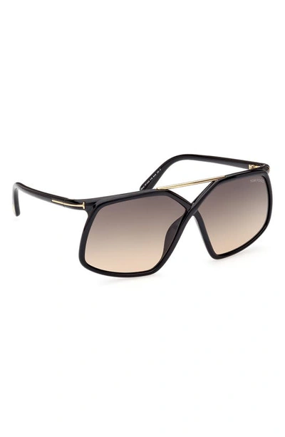 Tom Ford Meryl 64mm Gradient Polarized Oversize Square Sunglasses In Shiny Black Gold / Smoke Sand
