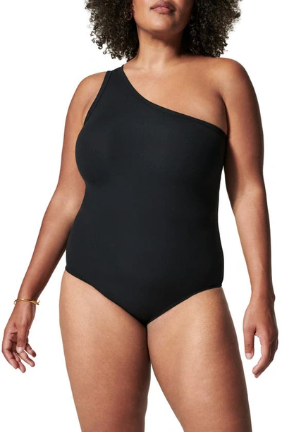 Shop Spanx Ribbed One-shoulder Bodysuit In Classic Black