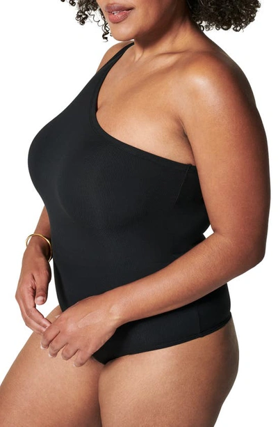 Shop Spanx Ribbed One-shoulder Bodysuit In Classic Black