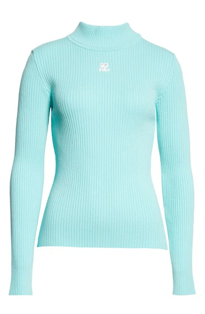 Shop Courrèges Mock Neck Rib Sweater In Turquoise