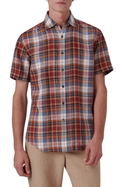 Shop Bugatchi Plaid Short Sleeve Linen Button-up Shirt In Caramel