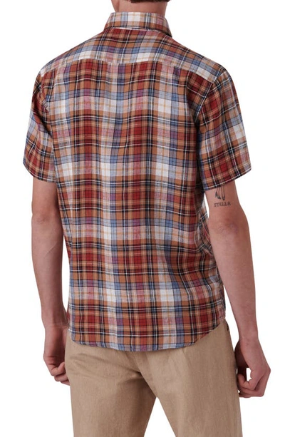 Bugatchi Plaid Short Sleeve Linen Button-up Shirt In Caramel