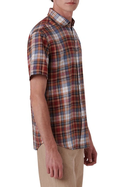 Shop Bugatchi Plaid Short Sleeve Linen Button-up Shirt In Caramel