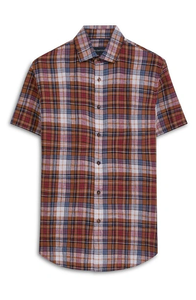 Shop Bugatchi Plaid Short Sleeve Linen Button-up Shirt In Caramel