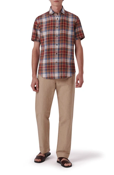 Shop Bugatchi Plaid Short Sleeve Linen Button-up Shirt In Caramel