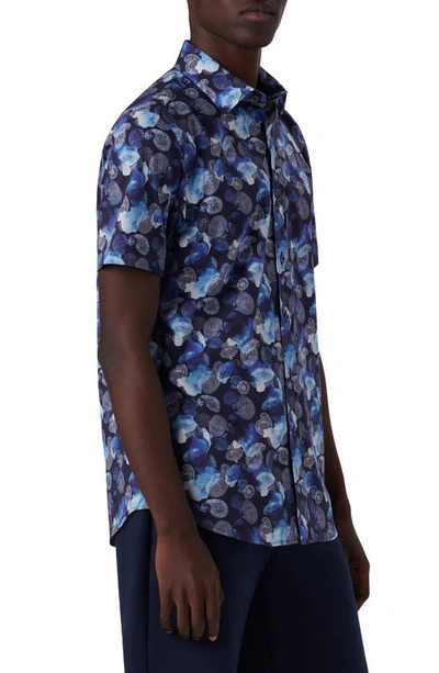 Shop Bugatchi Orson Paisley Mixed Print Short Sleeve Stretch Cotton Shirt In Midnight