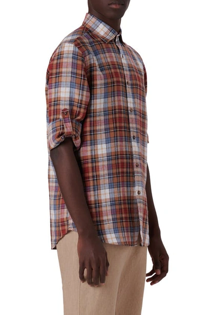 Bugatchi Plaid Linen Button-up Shirt In Caramel