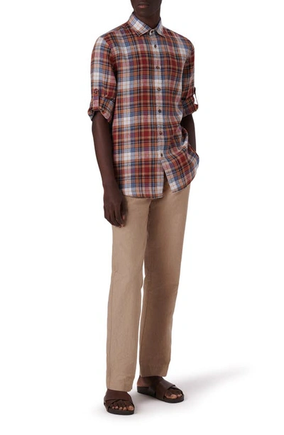 Bugatchi Plaid Linen Button-up Shirt In Caramel