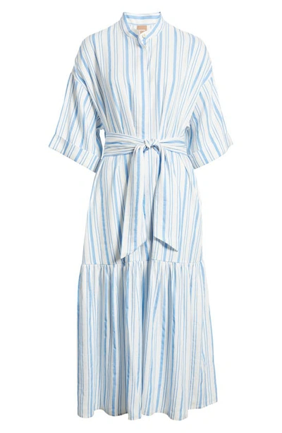 Shop Hugo Boss Dalinena Stripe Belted Linen Blend Shirtdress In Summer Sky Pinstripe