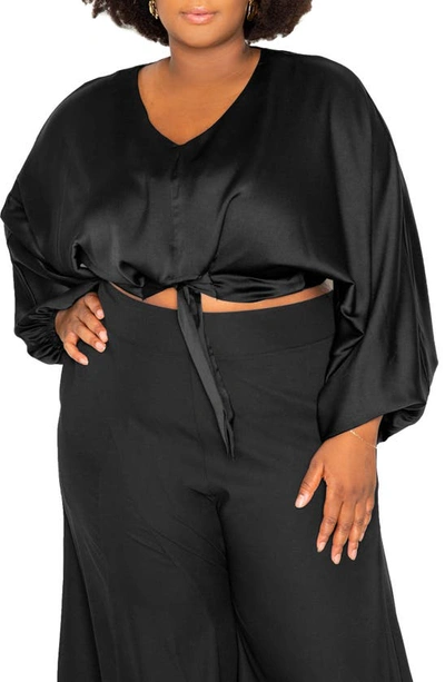 Shop Buxom Couture Tie Front Long Sleeve Satin Blouse In Black