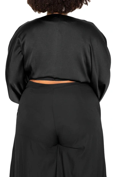 Shop Buxom Couture Tie Front Long Sleeve Satin Blouse In Black