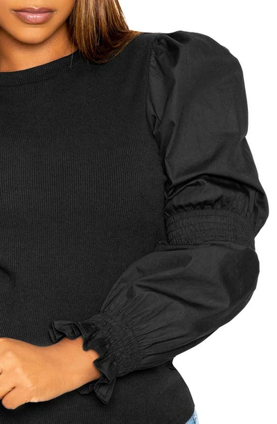 Shop Buxom Couture Mixed Media Balloon Sleeve Blouse In Black