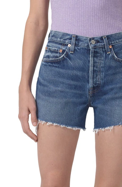 Shop Citizens Of Humanity Annabelle Raw Hem High Waist Mid Length Organic Cotton Denim Shorts In Amaretto