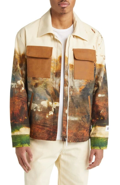 Shop Krost Landscape Print Cotton Zip-up Jacket In Beige Multi