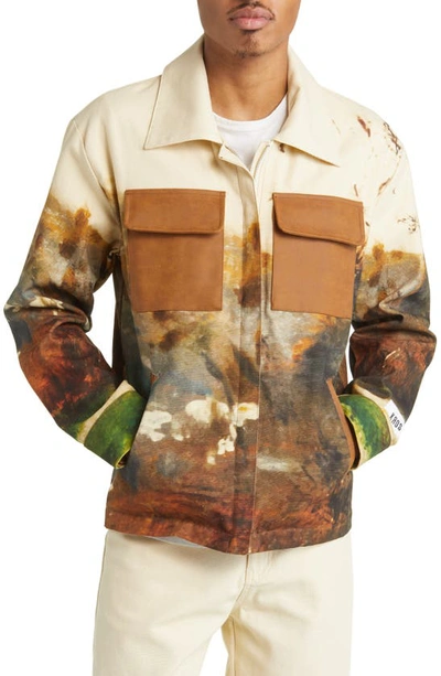 Shop Krost Landscape Print Cotton Zip-up Jacket In Beige Multi