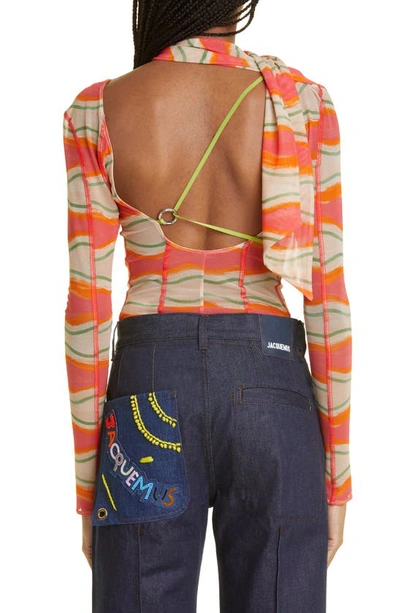 Shop Jacquemus Le Body Abanaba Print Asymmetric Strap Thong Bodysuit In 4cb Print Pink Waves Strippes