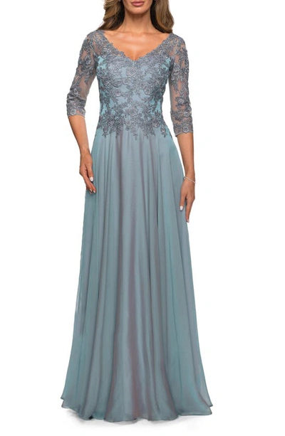 Shop La Femme Lace Bodice Chiffon A-line Gown In Slate Blue
