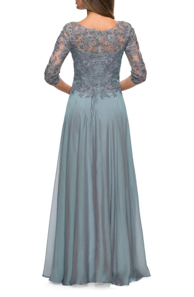 Shop La Femme Lace Bodice Chiffon A-line Gown In Slate Blue