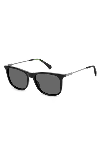 Shop Polaroid 55mm Polarized Rectangular Sunglasses In Black/ Gray Polar