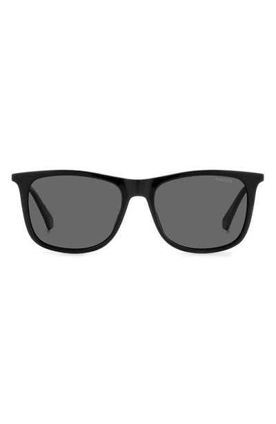 Shop Polaroid 55mm Polarized Rectangular Sunglasses In Black/ Gray Polar