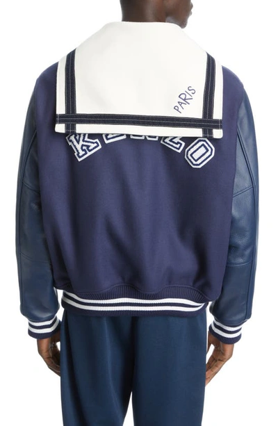 Shop Kenzo Sailor Chenille Patch Wool Blend Varsity Jacket In 77 - Midnight Blue