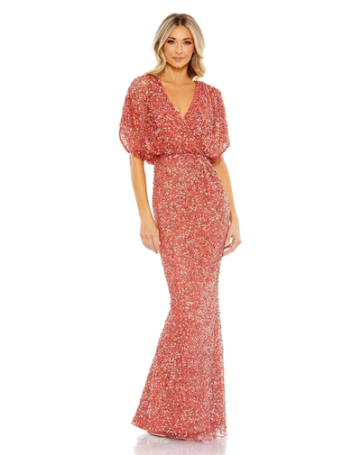Shop Mac Duggal Draped Sleeve V Neck Gown In Paprika