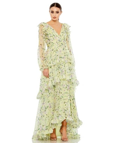 Shop Mac Duggal Floral Chiffon Tiered Ruffle Puff Sleeve Gown In Key Lime