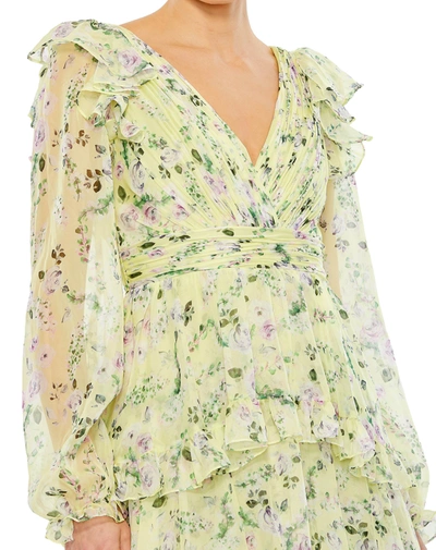 Shop Mac Duggal Floral Chiffon Tiered Ruffle Puff Sleeve Gown In Key Lime