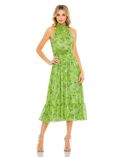 Mac Duggal Floral Print Halter Neck A Line Dress In Sage Multi