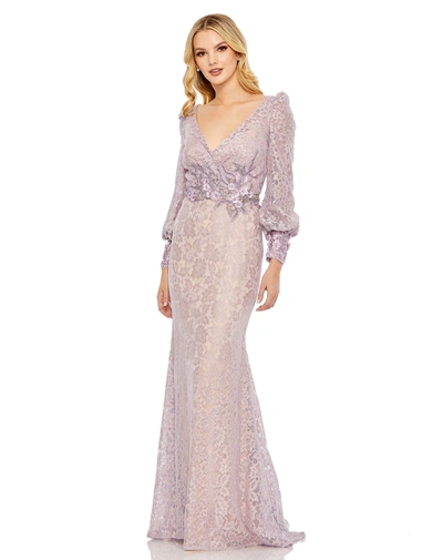 Shop Mac Duggal Lace Long Sleeve V Neck Embellished Gown In Vintage Lilac