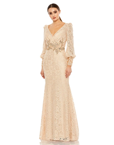 Shop Mac Duggal Lace Long Sleeve V Neck Embellished Gown In Blush
