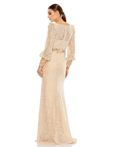 Shop Mac Duggal Lace Long Sleeve V Neck Embellished Gown In Blush