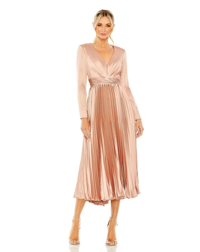 Shop Mac Duggal Pleated Deep V-neck Long Sleeve Dress In Rose