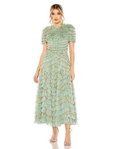 Shop Mac Duggal Ruffle Tiered Short Sleeve A Line Dress In Sage Multi